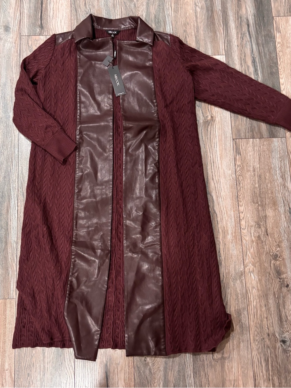 Misook Burgundy Longline Mixed-Material Trench Coat